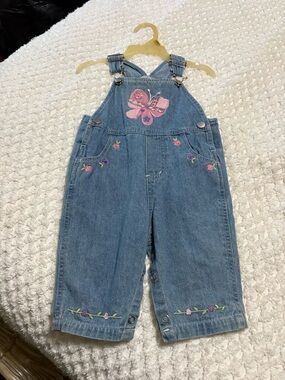 Premier Blue Denim Overalls with Pink Butterfly and Floral Embroidery
